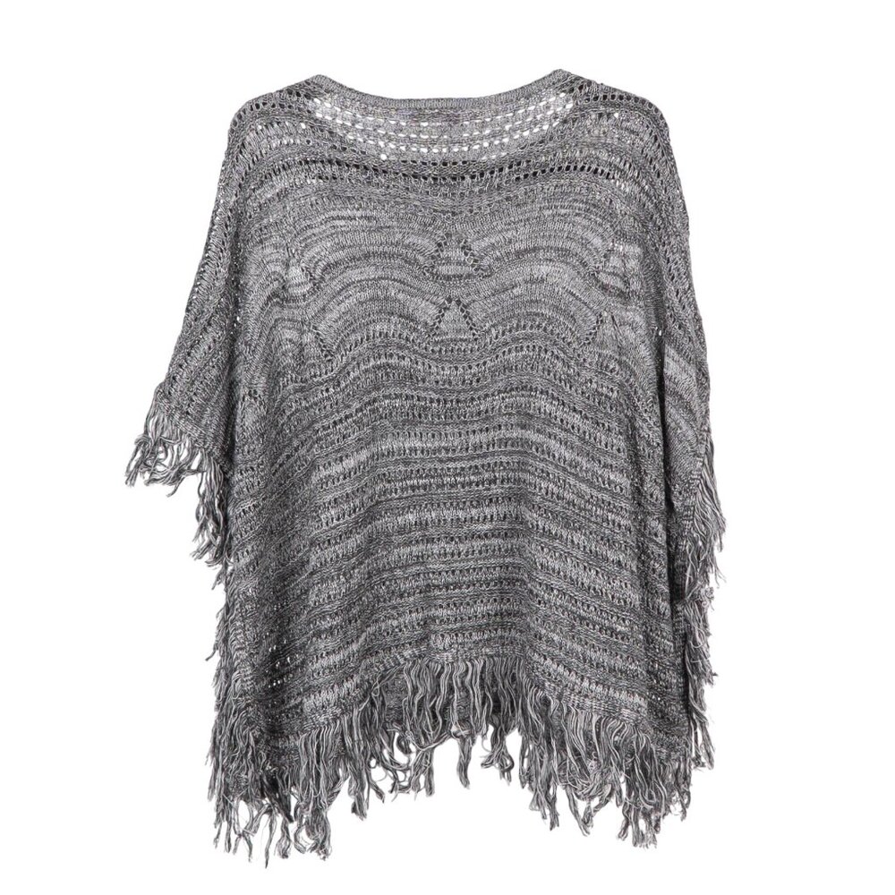 Gray Knit Boxy Poncho One Size Womens Fringed Hem Questions Say What Acrylic - Picture 6 of 6